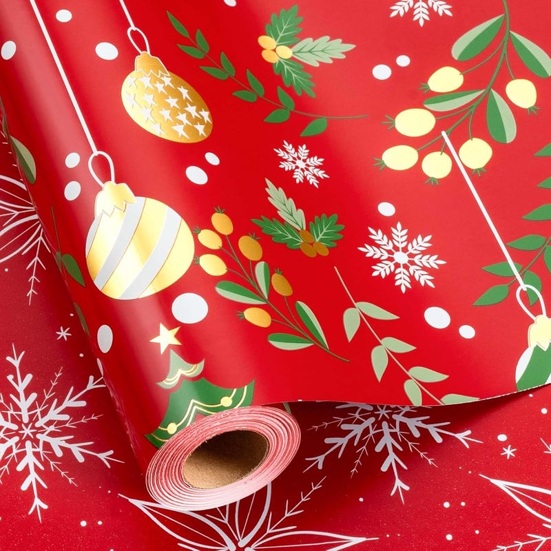 Retrify Red Wrapping Paper Roll - Metallic Gold Foil Bells, Berry and White Snowflake Mini Roll Gift Wrap Paper for Christmas New Year Festive Decoration - 17 Inches x 32.8 Feet - Image 1